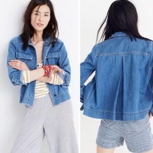 Madewell Northward Cropped Military Army Denim Jacket in Light Blue Wash Small